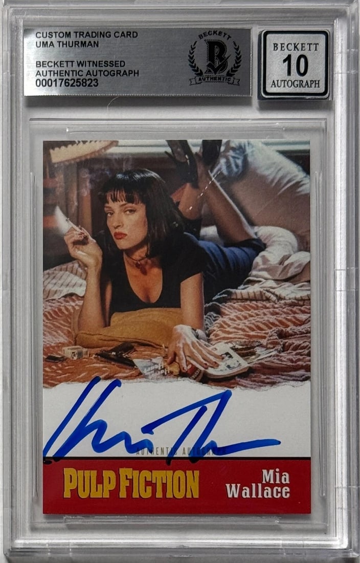 Uma Thurman Signed Pulp Fiction Custom Trading Card Beckett Witnessed Auto 10: Industry: Television,Signed by: Uma Thurman,Signed: Yes,Autograph Authentication: Beckett,Object Type: Trading Card,Show: Pulp Fiction