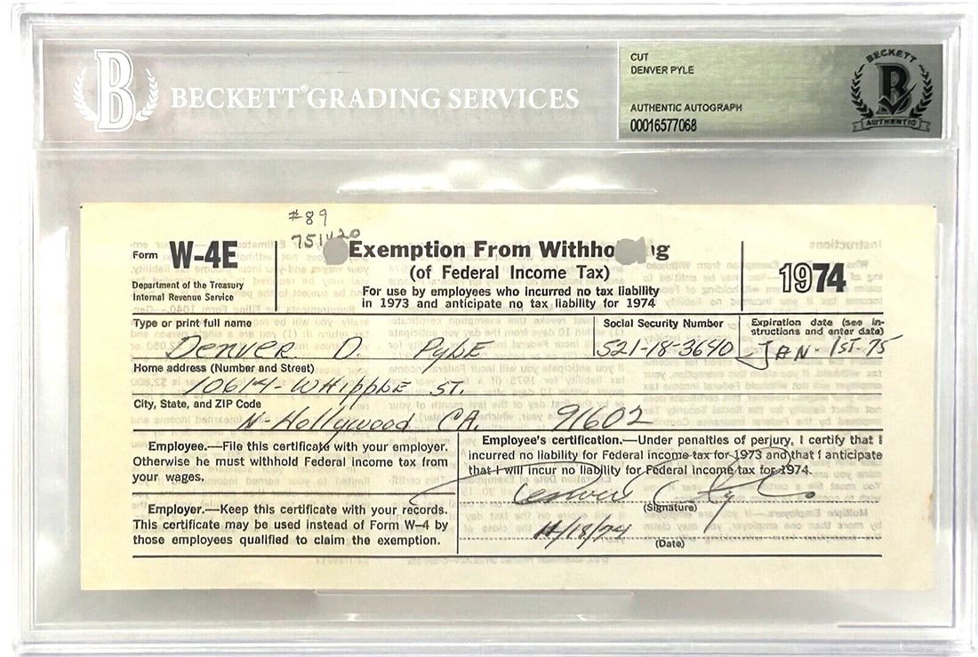 DENVER PYLE Signed Autograph Slabbed Encapsulated 1974 W4 BAS COA: Industry: Television,Signed: Yes,Object Type: paper,Original/Reproduction: Original