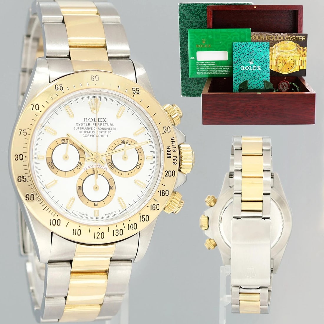 1989 Rolex Daytona 16523 Zenith Two Tone Yellow Gold White Stick Watch Box: BrandRolex (Guaranteed Authentic)ModelDaytona CosmographReference Number16523Serial NumberR9GenderMen'sMetalTwo-Tone (Yellow Gold/Stainless Steel)Case Size40.00mmWrist SizeThis watch will currently co