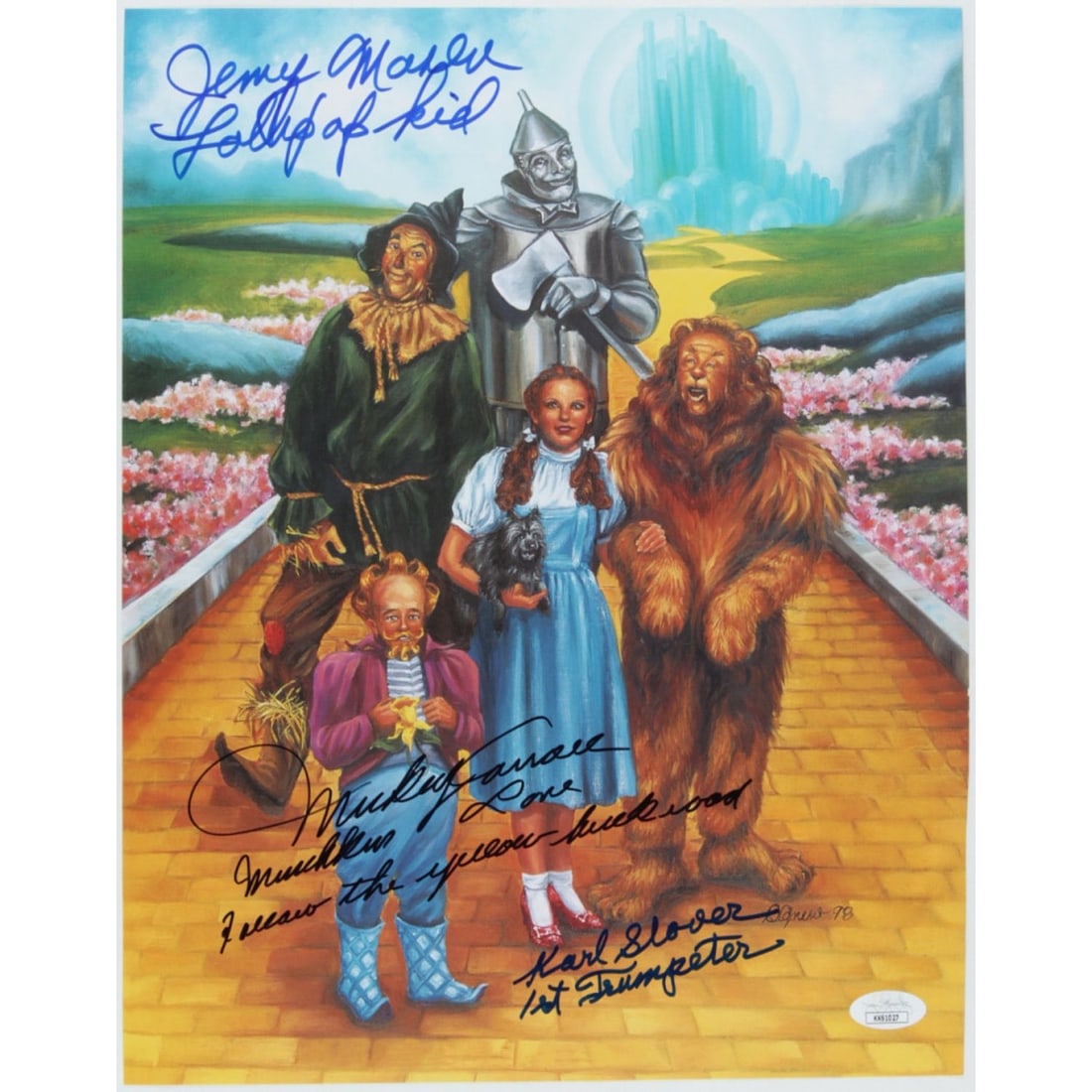 Mickey Carroll, Jerry Maren, & Karl Slover Signed "The Wizard of Oz" 11x14 Photo with Multiple: Mickey Carroll, Jerry Maren, & Karl Slover Signed "The Wizard of Oz" 11x14 Photo with Multiple Inscriptions (JSA COA)