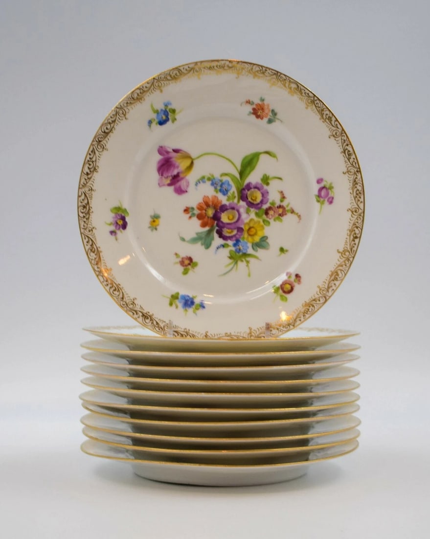 Dresden Hand Painted Dessert Plates, Set of 11 Circa 1920 (1 of 9)