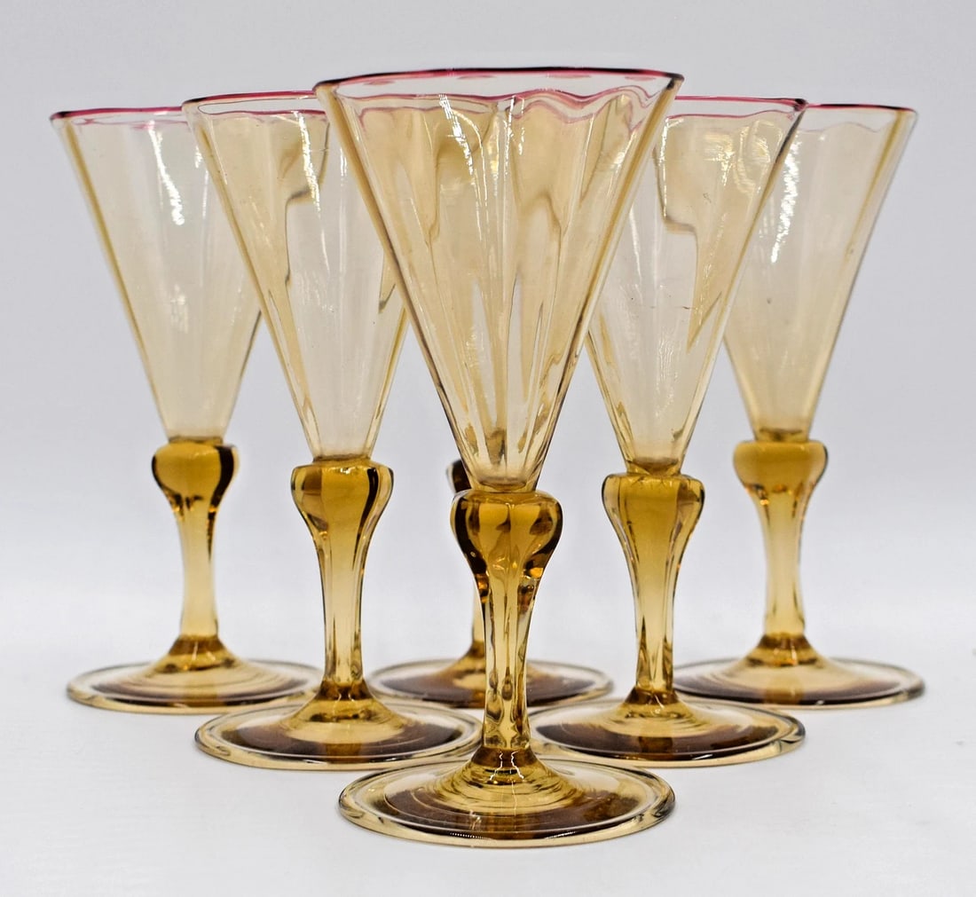Set of 6 Venini Port Wines Designed by Vittorio Zecchin, Amber w/Red Rims, C1920: Condition: Used,Type: Port,Color: Amber,Year Manufactured: 1920,Material: Glass