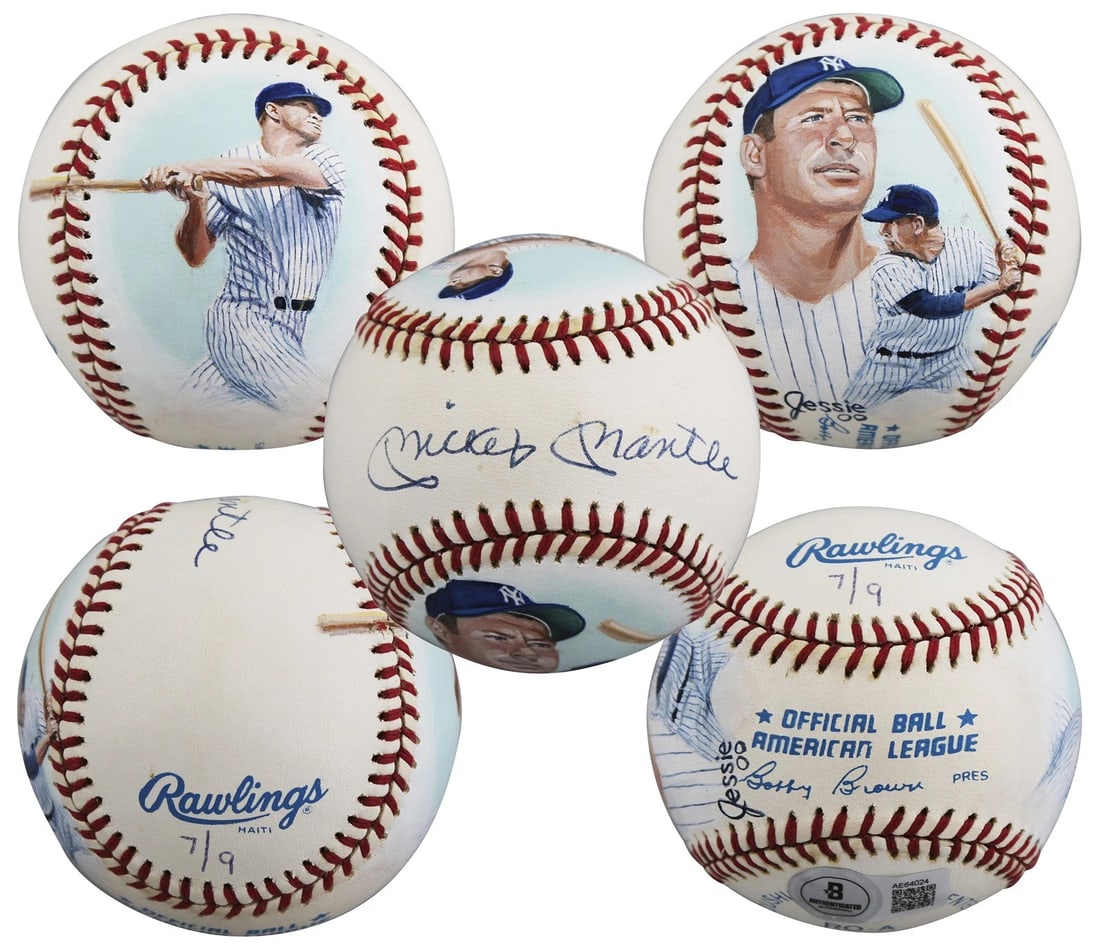 Yankees Mickey Mantle Signed Jolene Jessie Painted OAL Baseball LE #7/9 BAS LOA (1 of 8)
