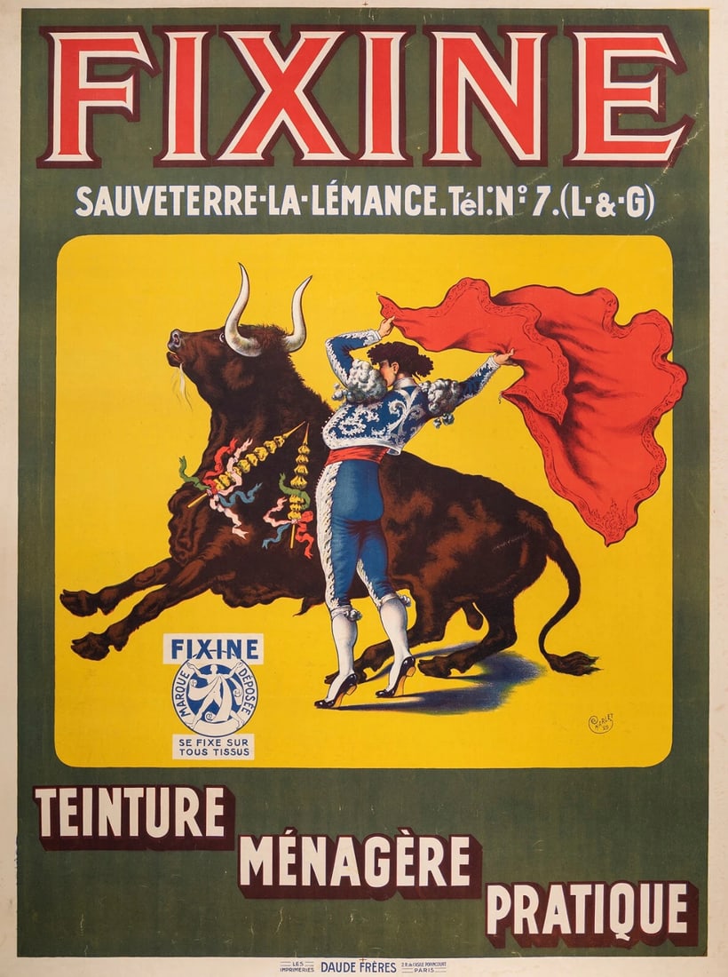 Original Vintage Poster - Fixine - Bullfight - Bull - Garment Dye - 1925: Size: 46.3 x 62 in / 117.5 x 157.5 cm.Condition: Used,Unit of Sale: Single-Piece Work,Artist: Charlet,Size: Large,Date of Creation: 1900-1949,Certificate of Authenticity (COA): Yes,Original/Licensed R