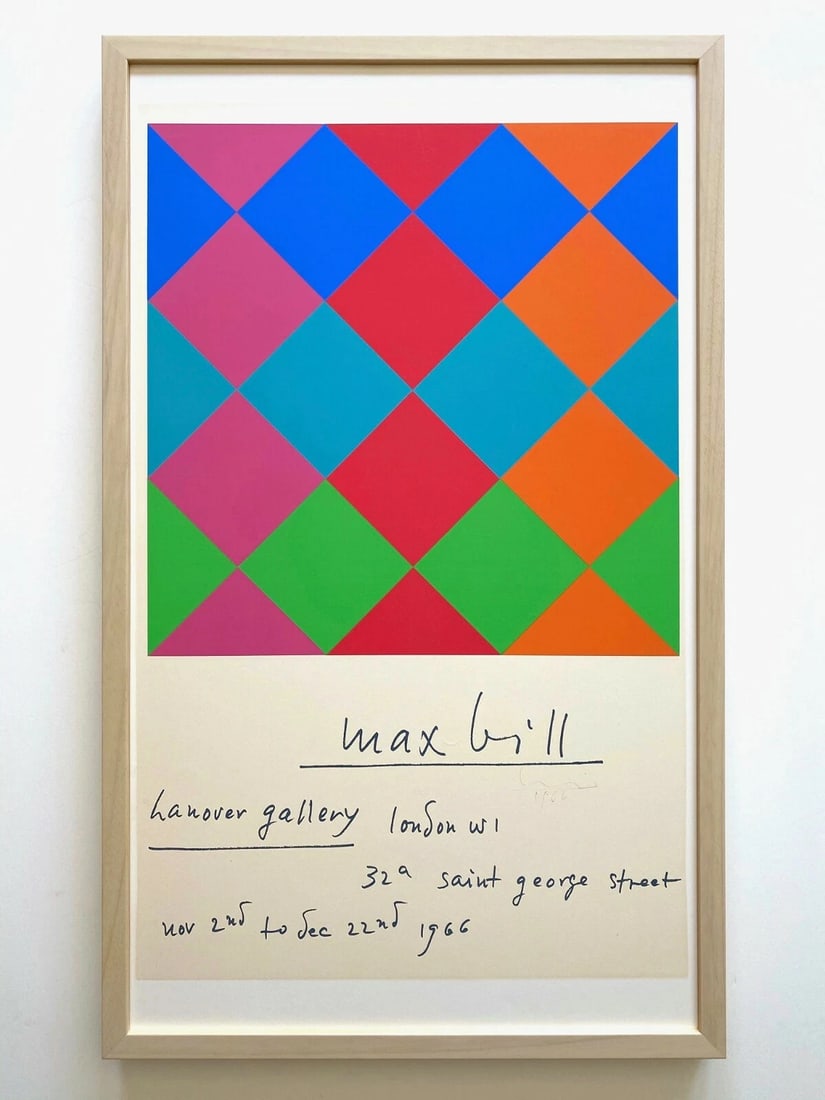 MAX BILL RARE VTG 1966 SIGNED SERIGRAPH PRINT FRAMED MODERNIST EXHIBITION POSTER: MEASURES 19" W X 31 1/2" H X 1 1/2" D.Condition: Used,Size: Medium (up to 36in.),Artist: MAX BILL,Framing: Framed,Style: Modernism,Theme: Exhibitions,Type: Print,Features: BRAND NEWLY CUSTOM FRAMED, R