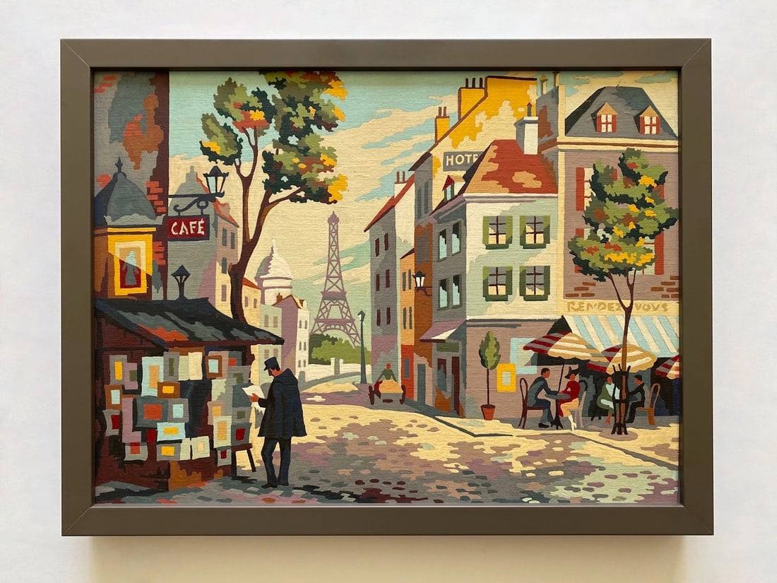 RARE 1950'S PAINT BY NUMBER " PARIS STREET SCENE " CUSTOM FRAMED MCM PAINTING: MEASURES 17 1/4" W X 13 1/8" H X 1 1/2" D. . Condition: Used,Unit of Sale: Set,Size: Medium (up to 36in.),Signed: No,Color: Multi-Color,Period: Post-War (1940-1970),Title: " Paris Street Scene ",Mater