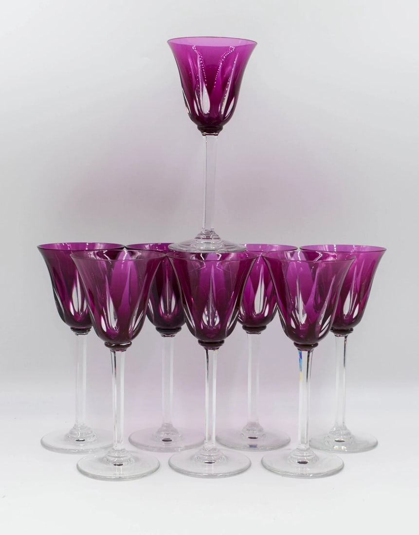 Rare ST. LOUIS Cerdagne Pattern Purple Cut to Clear Wine Glasses Set of 8 (1 of 9)