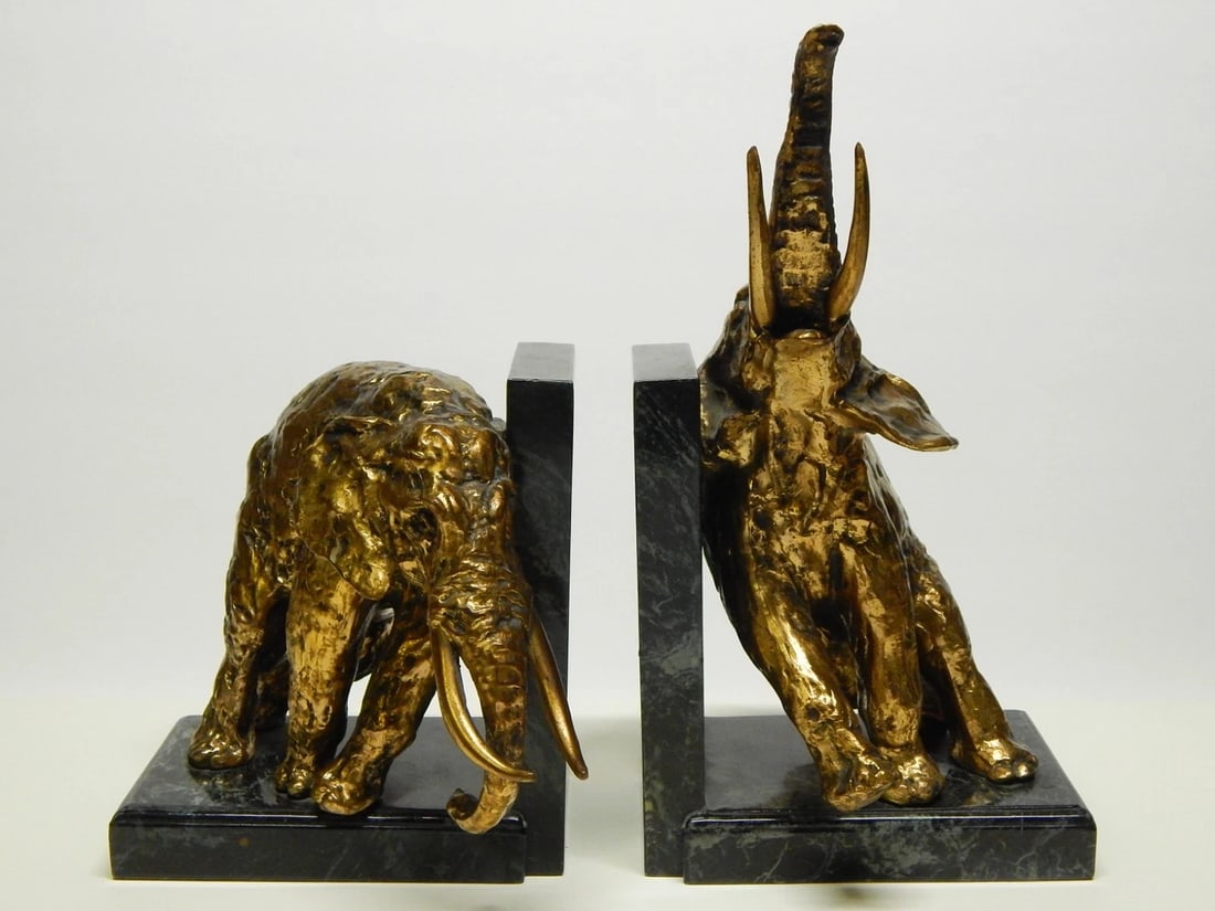 Vintage bookends elephant metal style of Ary Bitter safari frankart tiffany gucci: 9lbs each. 11" tall.Condition: Used,Type: Bookends,Subject: Elephant