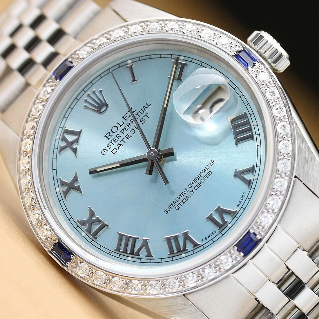MENS ROLEX DATEJUST ICE BLUE ROMAN 18K GOLD DIAMOND SAPPHIRE & STEEL WATCH (1 of 8)
