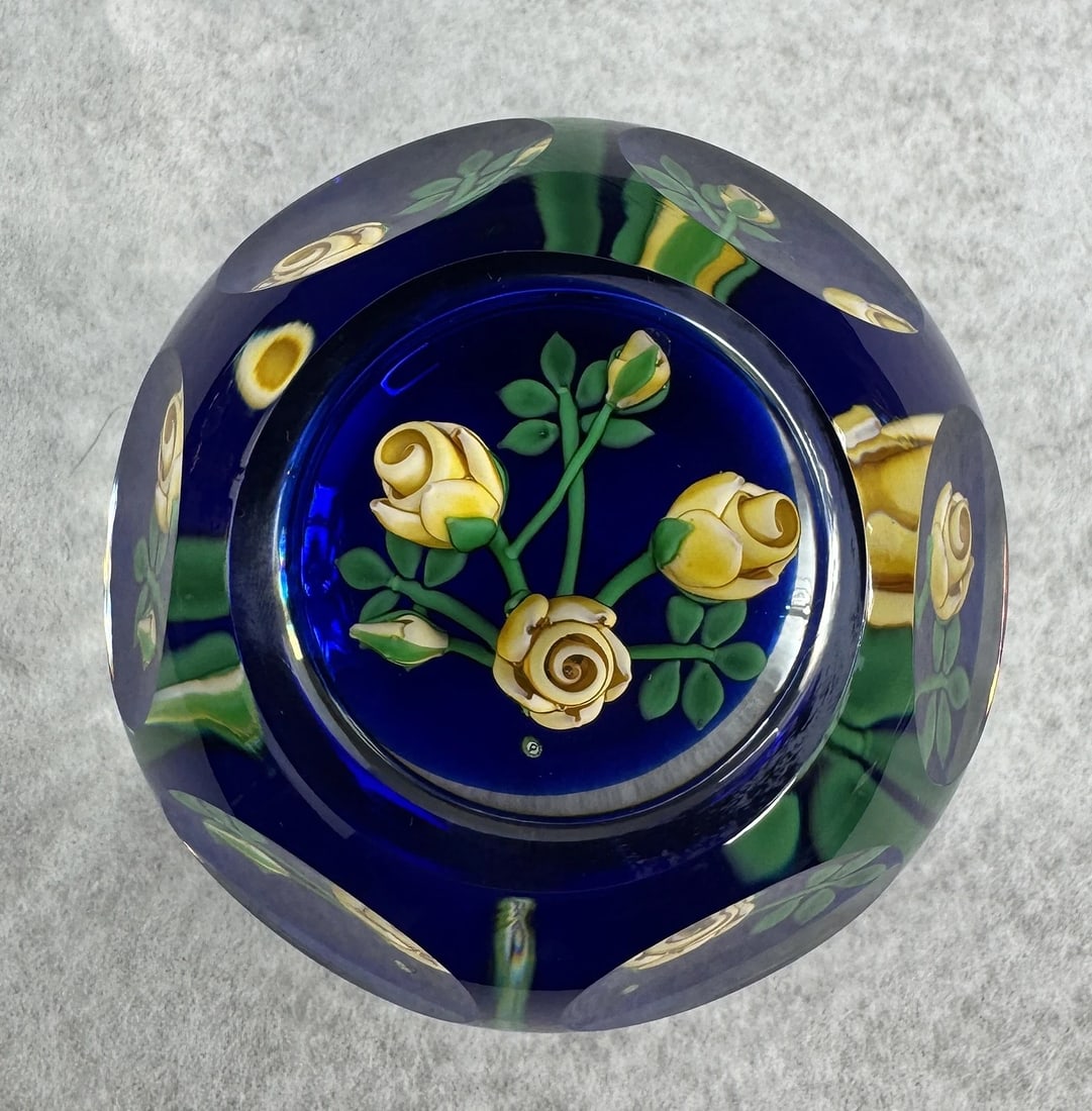 Perthshire Scotland Glass Paperweight 3D Yellow Roses Flowers Blue Faceted: This paperweight measures about 2 3/4 inches in diameter. This piece is signed inside the glass with a P for Perthshire, visible in a single cane of glass next to one of the roses, in the second photo