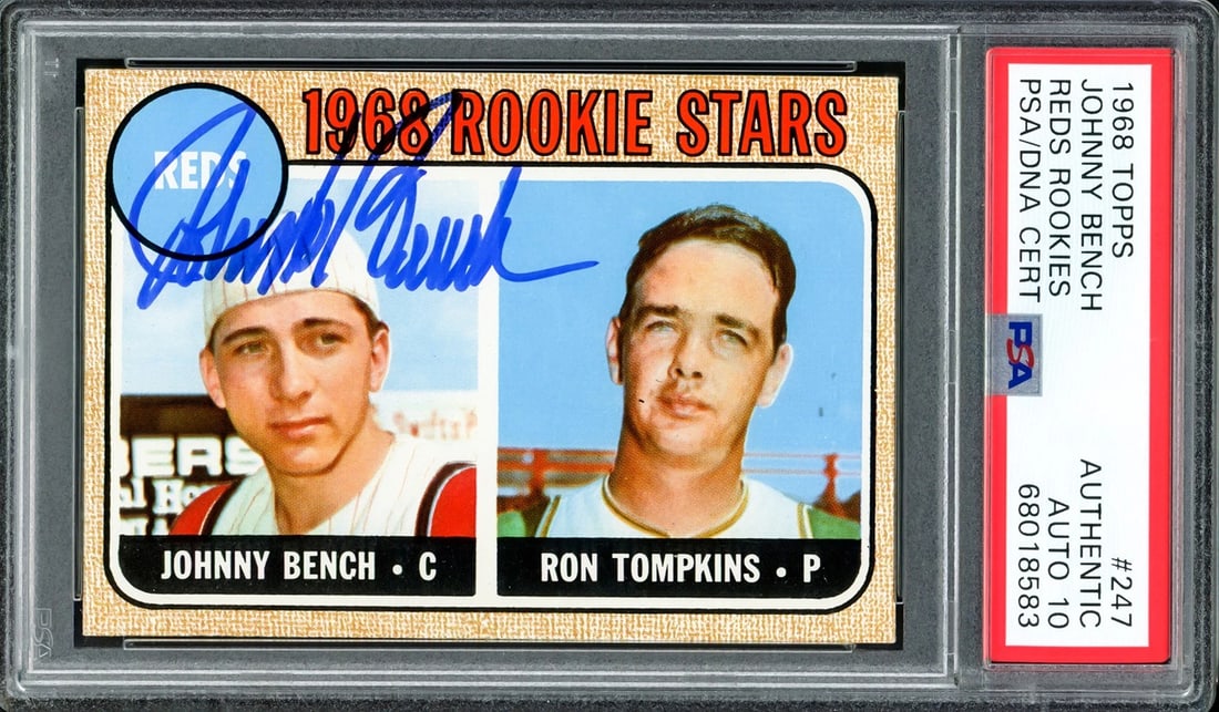 Johnny Bench Signed 1968 Topps RC 247 New York Mets Auto GM 10 PSA/DNA (1 of 2)