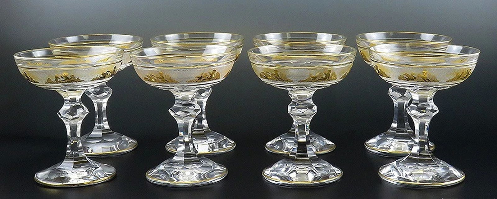 8 Gilded Crystal Glass Val St Lambert Danse de Flore Champagne Saucers/Goblets (1 of 8)