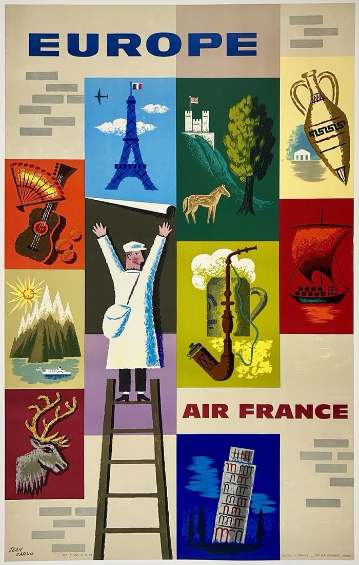 Original Vintage Poster EUROPE AIR FRANCE French Tourism Travel Carlu LINEN: Dimensions: 24.6 x 39.2 in. / 62.4 x 99.5 cm.; Circa: 1959Original vintage "EUROPE - AIR FRANCE" airline travel poster, plate signed by its artist JEAN CARLU, and printed by S.A. COURBET - PARIS circa