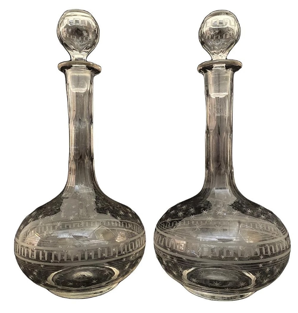 Pair Antique Victorian Edwardian Star Etched Crystal Globe Shaft Wine Decanters (1 of 12)