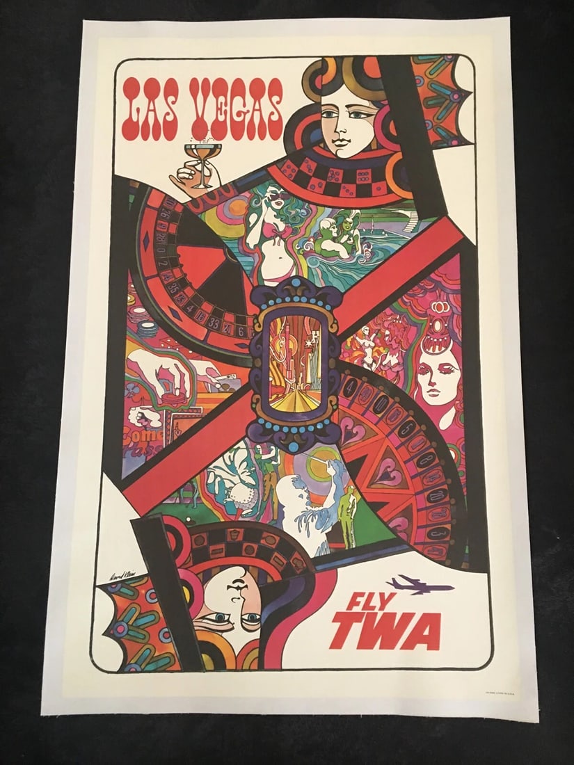 Orig. 1960's LAS VEGAS - FLY TWA David Klein Airline Travel Poster LINEN LINED (1 of 6)
