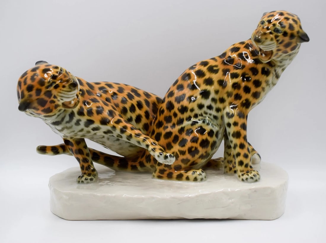 Monumental Schwarzburger Werkstatten Porcelain Leopards Group Artist Signed 1920 (1 of 11)