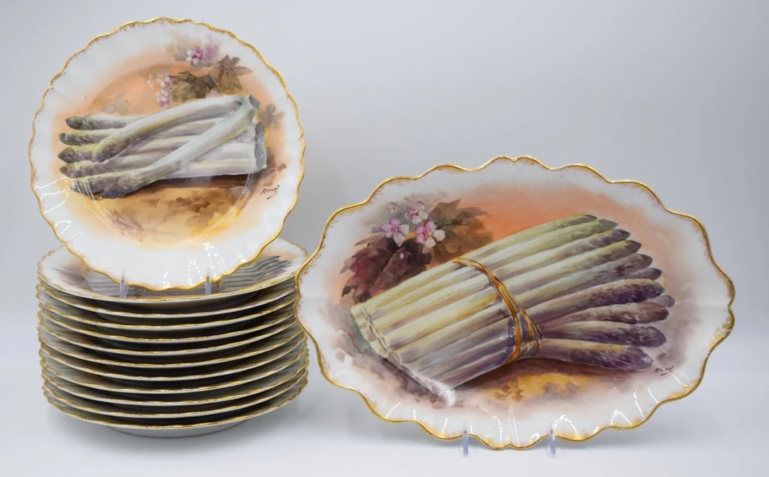 Rare Set of 12 Limoges Hand Painted, Artist Signed Asparagus Plates & Platter: 13 1/8" long by 8 3/4" wide by 1 3/4" high. Plates 8 1/2" diameter by 1" deep.. Condition: Used,Brand: Limoges,Type: Luncheon Plate,Features: Hand Painted,Material: Porcelain