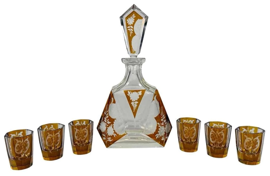 Antique Czech Bohemian Art Deco Amber Cut to Clear Crystal Decanter Set Glasses (1 of 16)