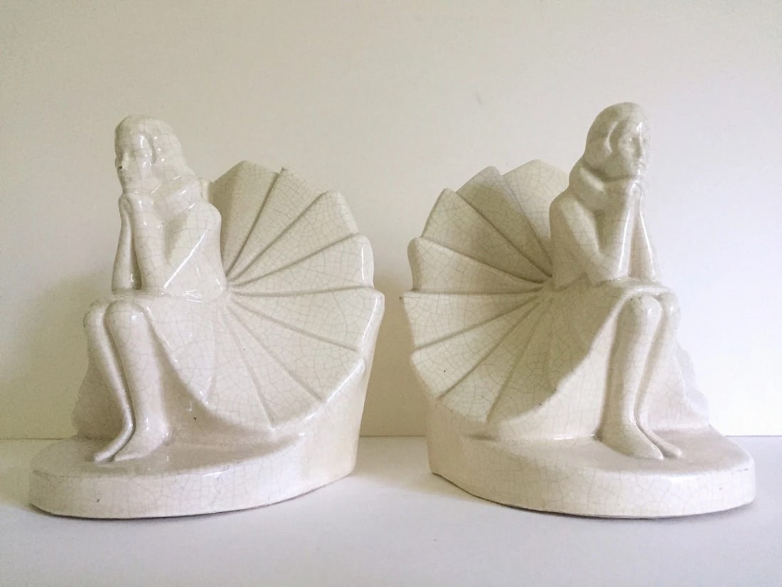 ART DECO RARE FIGURAL SEATED WOMAN GERMAN CRAQUELURE PORCELAIN BOOKENDS A PAIR: Condition: Used,Country of Origin: Germany,Type: Bookends,Style: Art Deco,Material: Porcelain,Subject: WomenTHIS PAIR OF 2 VINTAGE RARE ART DECO FIGURAL SEATED WOMAN GERMAN CRAQUELURE PORCELAIN BOOKEN