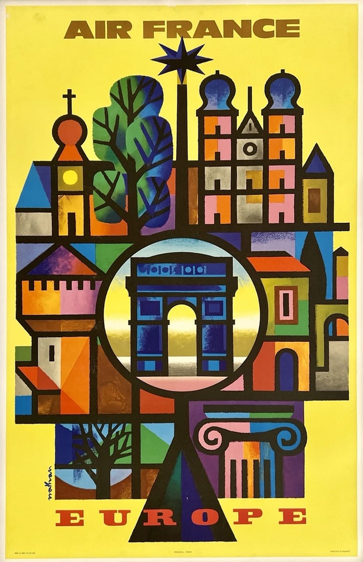 Original Vintage Poster AIR FRANCE EUROPE Airline Travel Tourism LINEN (1 of 5)