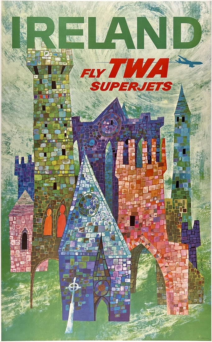 Original Vintage Poster IRELAND FLY TWA SUPERJETS Airline Travel Tourism LINEN: Condition: Used,Country of Origin: United States,Type: Poster,Airline: TWA,Modified Item: No
