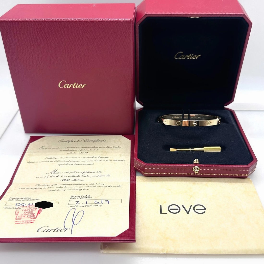 CARTIER LOVE Bracelet 18kt Yellow Gold Full Set Box COA SZ 19: Condition: Pre-owned - Good,Materials sourced from: France,Antique: Yes,Closure: Screw,Signed: Yes,Sizable: No,Metal: Yellow Gold,Item Length: 7 in,Modified Item: No,Main Stone: No Stone,Vintage: No,B