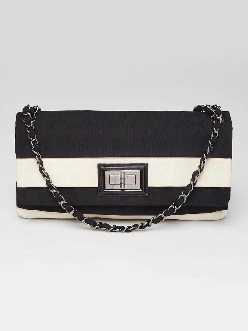 Chanel Black/White Grosgrain Fabric Mademoiselle Flap Shoulder Bag: Condition: Pre-owned - Good,Brand: Chanel,Exterior Material: Fabric,Style: Everyday Bags,Exterior Color: Black,Department: Women
