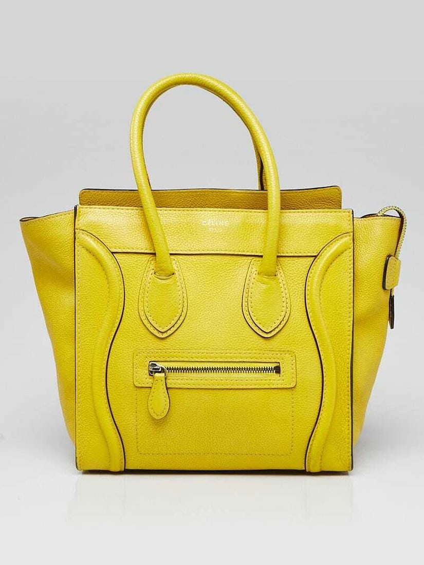 Celine Yellow Drummed Leather Micro Luggage Tote Bag: Condition: Pre-owned - Good: This item has been gently used but is in good condition. It might have a few signs of use, but all imperfections should be shown and described in the seller’s listing. ,