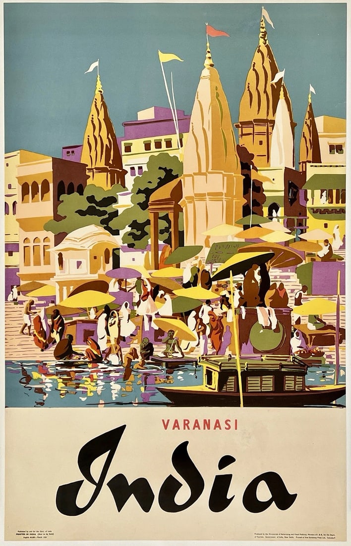Original Vintage Poster VARANASI INDIA Indian Travel Tourism LINEN: Condition: Used,Listed By: Dealer or Reseller,Type: Poster,Year of Production: 1959,Width (Inches): 25.2",Height (Inches): 39.6",Theme: Travel, Tourism,Original/Reproduction: Original,Style: Vintage,F