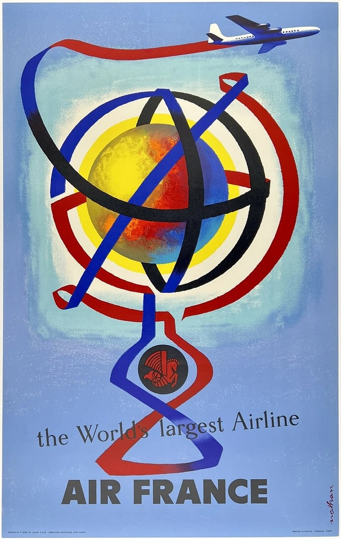 Original Vintage Poster AIR FRANCE - WORLD'S LARGEST AIRLINE French Travel LINEN: Dimensions: 24.7 x 39.3 in. / 62.7 x 99.8 cm.; Circa: 1956Original vintage "AIR FRANCE - THE WORLD'S LARGEST AIRLINE" airline travel poster, signed in the plate by its artist, JACQUES NATHAN-GARAMOND,