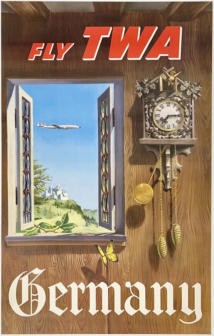 Original Vintage Poster FLY TWA GERMANY Airline Travel Tourism Plakat GER LINEN: Dimensions: 25.2 x 39.8 in. / 64 x 101.1 cm.; Circa: 1950sOriginal vintage "FLY TWA - GERMANY" airline travel poster, designed by WILLIAM WARD BEECHER, and printed by LITHO IN U.S.A. circa 1950s.