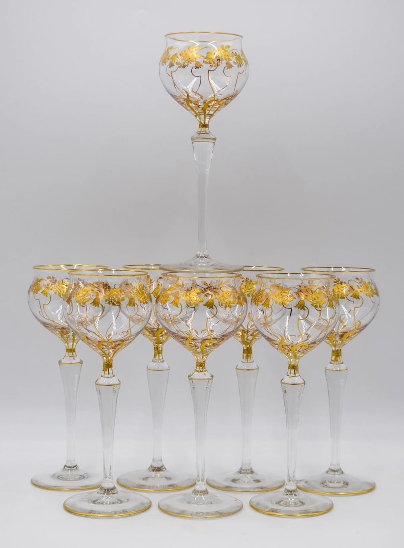 Stunning Set of 8 French Art Nouveau Raised Gold Hock Wine Glasses, Bell Flowers: Condition: Used,Brand: Hock,Type: Wine Glasses,Color: Clear & Gold,Style: Art Nouveau,Material: GlassStunning Set of 8 French Art Nouveau Raised Gold Hock Wine Glasses, Bell Flowers.Very good conditio