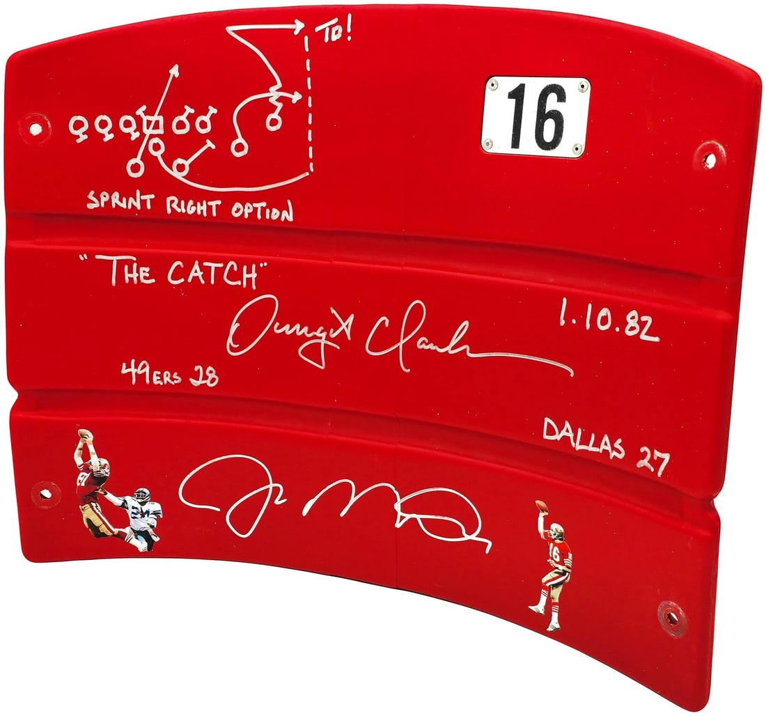 Joe Montana Dwight Clark Auto Stadium Used Candlestick Park Seatback "The Catch": Player: Joe Montana,Team: San Francisco 49ers,Sport: Football-NFL,Product: Memorabilia,Signed: Yes,Autograph Authentication: Beckett Authentication Services (BAS),Original/Reprint: Original