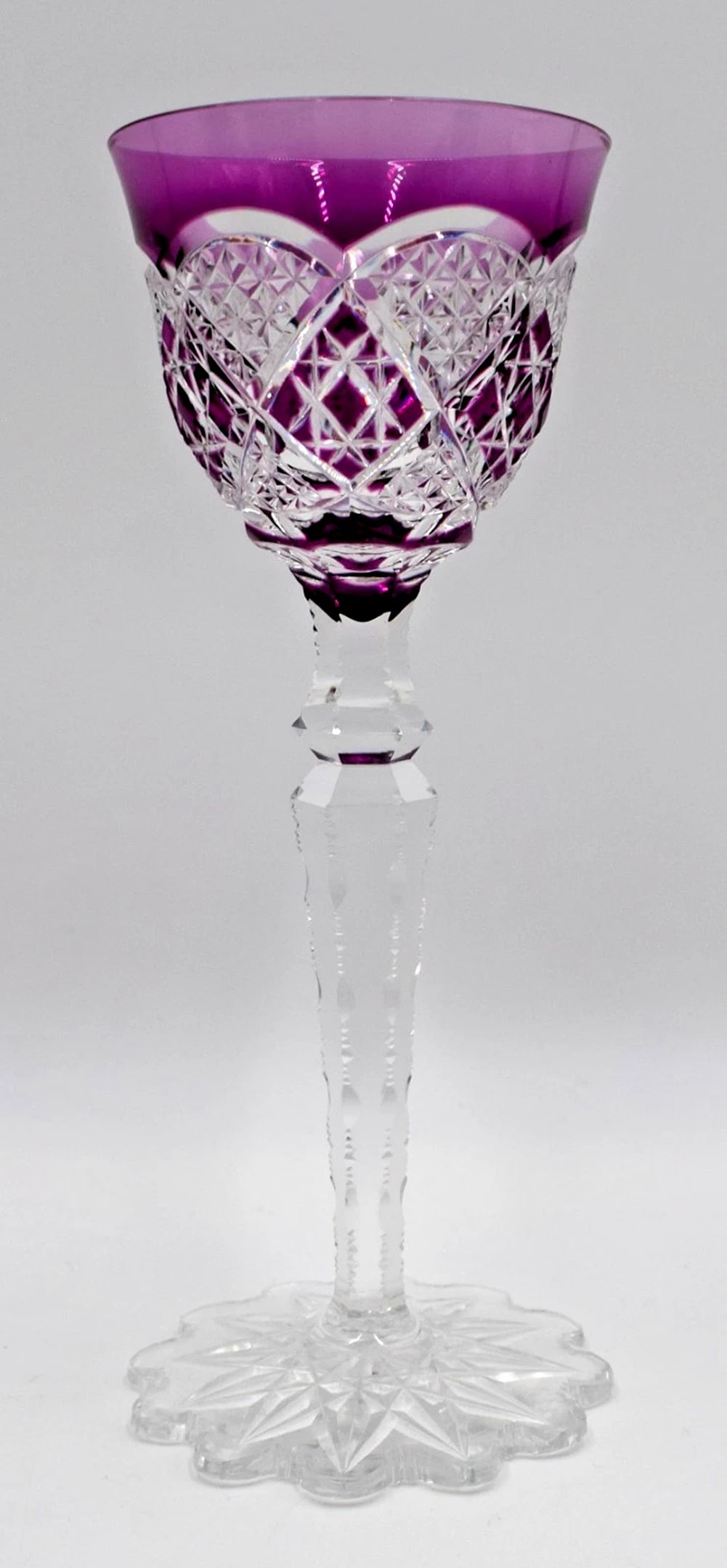Val Saint Lambert Purple Cut to Clear Glass Goblet - Verrept Pattern: Measures 8 5/8" high by 3 1/2" wide. Condition: Used,Brand: Lambert,Type: Goblet,Color: Clear & Purple,Production Style: Cut Glass