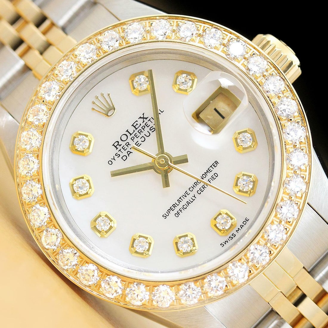 ROLEX LADIES DATEJUST 69173 MOTHER OF PEARL DIAMOND 2-TONE WATCH + 1.10 CT BEZEL (1 of 2)