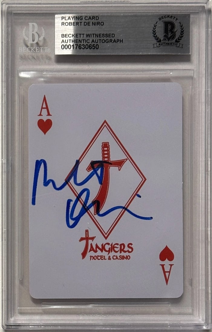Robert De Niro Signed Tangiers Casino Poker Card BAS Beckett Witnessed: Industry: Television,Signed by: Robert De Niro,Signed: Yes,Autograph Authentication: Beckett,Object Type: Trading Card,Show: Casino