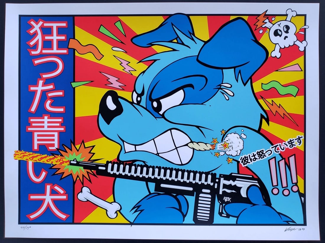 Blue Dog Art Print 2020 Frank Kozik Signed and Numbered Edition Beastie Boys: Designed & Signed by Frank KozikSigned and Numbered – Limited Edition of 15018? x 24?Image was originally used for an iconic Beastie Boys, Cypress Hill & Rollins Band poster for a 1992 show in Houst