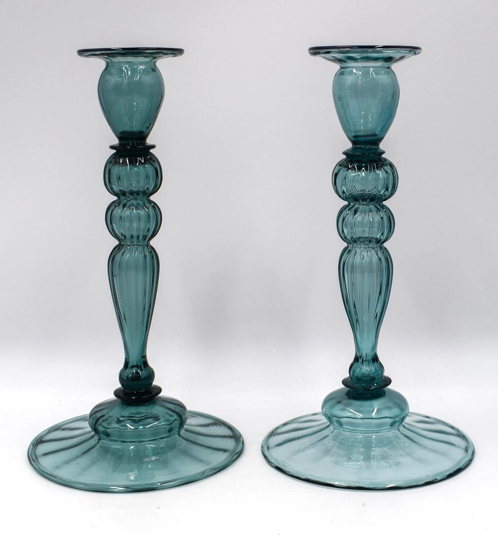 Steuben "Antique Green" Art Glass Ribbed Candlesticks, Circa 1920: Measures 9 7/8" high by 5" wide. . Condition: Used,Brand: Steuben,Type: Candlestick,Color: Green,Year Manufactured: 1920,Material: Glass,Production Technique: Hand Blown Glass