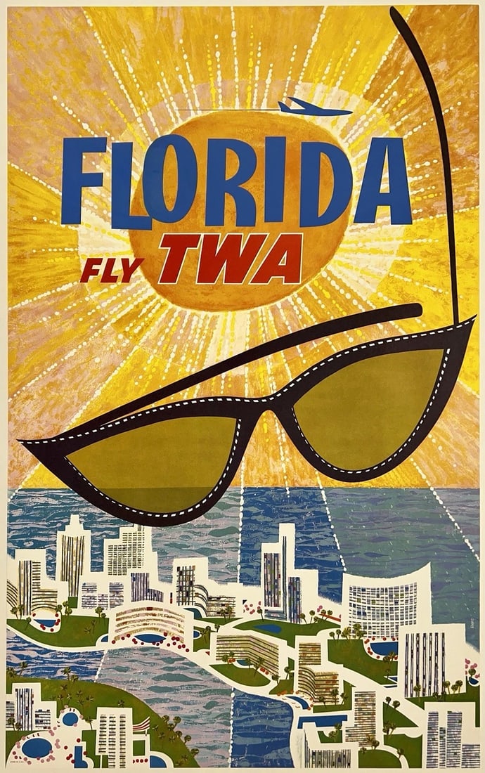 Original Vintage Poster FLORIDA FLY TWA Airline Travel Tourism David Klein LINEN: Dimensions: 25 x 40.4 in. / 63.5 x 102.5 cm.; Circa: 1960s. Condition: Used,Country of Origin: United States,Type: Poster,Airline: TWA,Modified Item: No