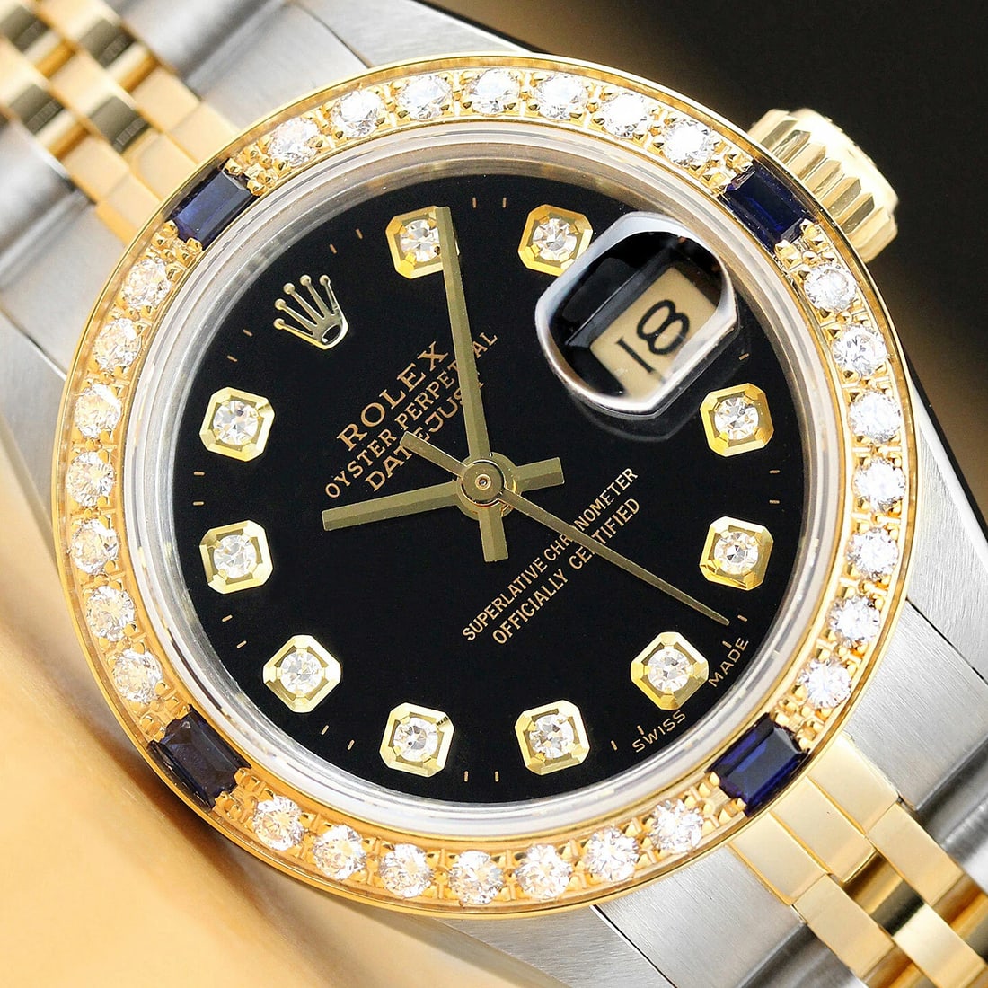 ROLEX LADIES DATEJUST BLACK SAPPHIRE DIAMOND 18K YELLOW GOLD/SS STEEL WATCH (1 of 9)