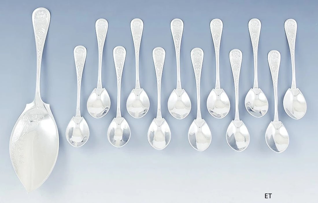 Antique 1800s Rare Tiffany & Co 13pc Sterling Silver Ice Cream Server 12 Spoons (1 of 5)
