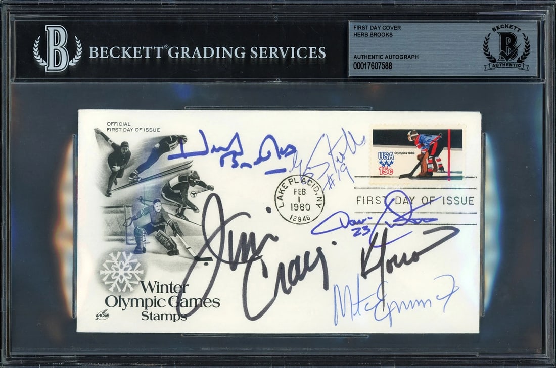 1980 Team USA Miracle on Ice Signed First Day Cover 5 Sigs Herb Brooks Beckett: Player: 1980 Team,Sport: Hockey-NHL,Signed: Yes,Autograph Authentication: Beckett Authentication Services (BAS),Original/Reprint: Original