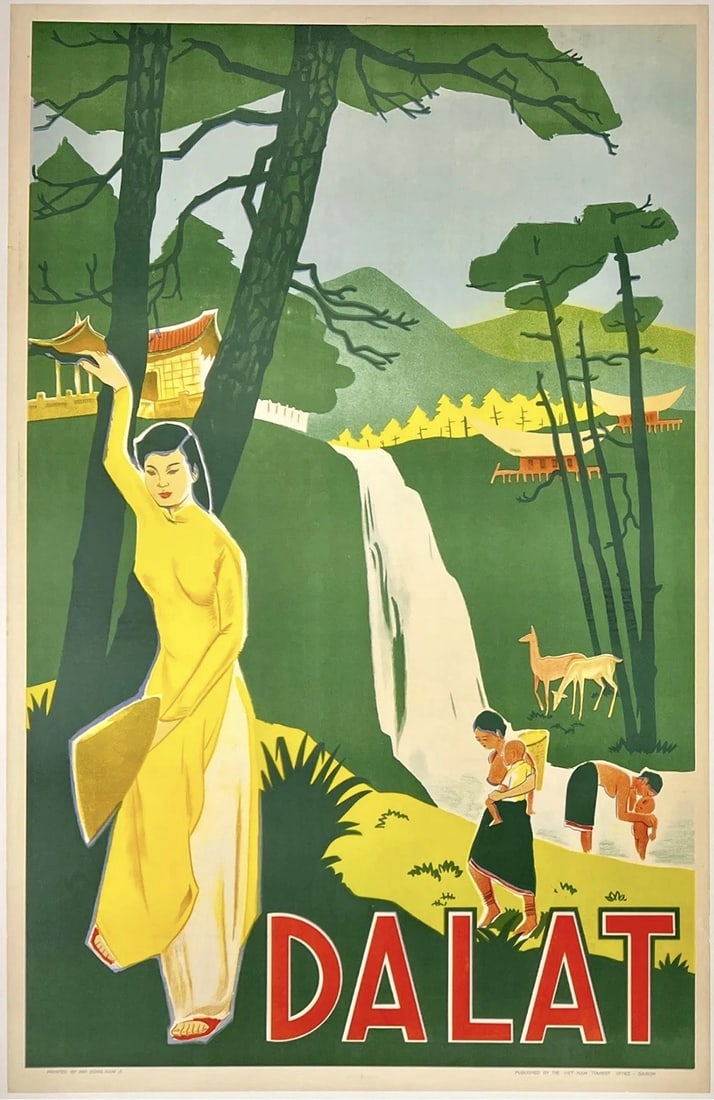 Original Vintage Poster DALAT VIETNAM DA LAT Travel Tourism Southeast Asia LINEN: Dimensions: 25.6 x 39.8 in. / 65 x 101 cm.; Circa: 1950sOriginal vintage "DALAT" travel poster, designed by an anonymous artist, and printed circa 1950s.