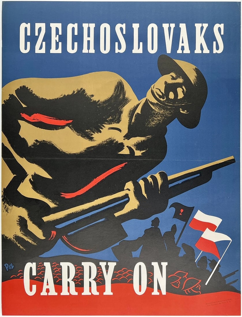 Original Vintage Poster CZECHOSLOVAKS CARRY ON Propaganda WWII World War LINEN (1 of 5)