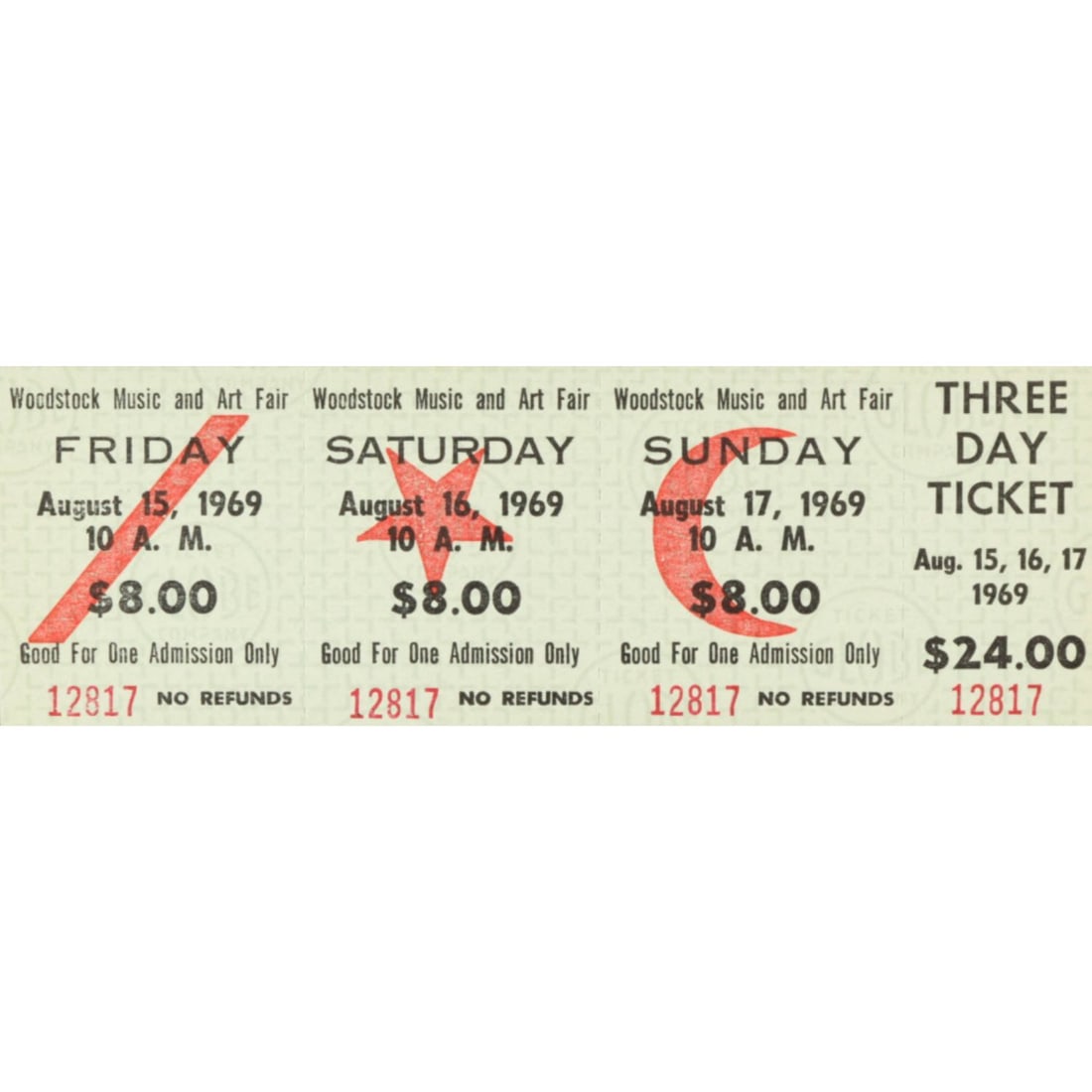 Woodstock Authentic Three Day Unused Ticket from August 15, 16, 17, 1969: Woodstock Authentic Three Day Unused Ticket from August 15, 16, 17, 1969