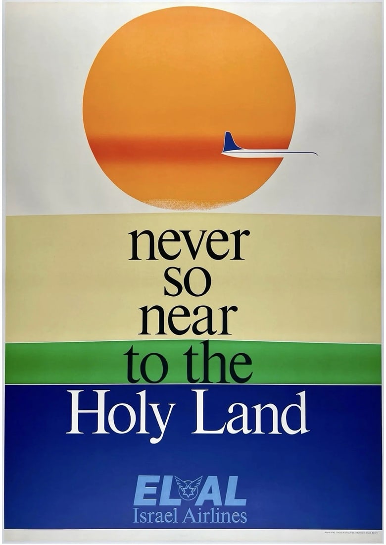 Original Vintage Poster EL AL - ISRAEL AIRLINES - HOLY LAND Airline Travel LINEN: Dimensions: 35.2 x 50.6 in. / 89.5 x 128.5 cm.; Circa: 1962Original vintage "NEVER SO NEAR THE HOLY LAND - EL AL - ISRAEL AIRLINES" airline travel poster, illustrated by REUDI KULLING, and printed in
