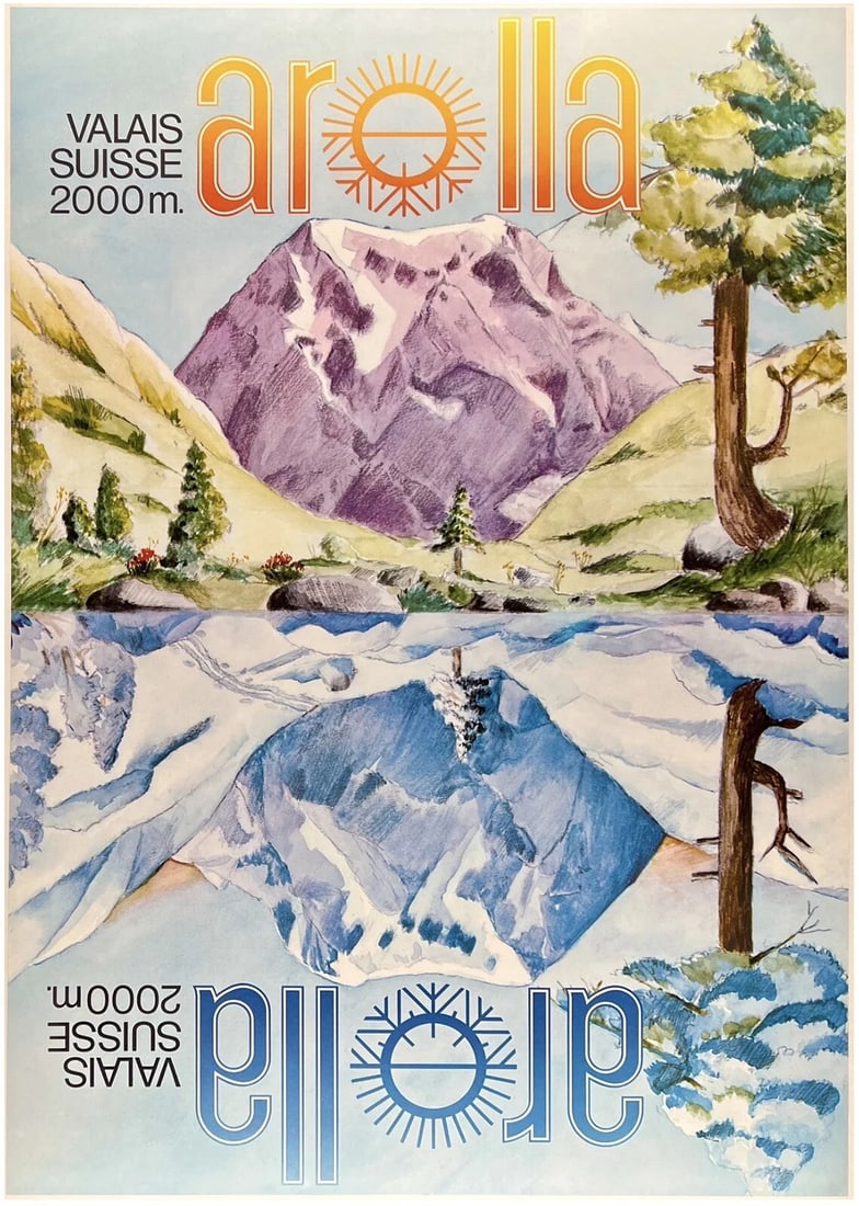 Original Vintage Poster AROLLA Swiss Travel Tourism Switzerland Alps LINEN: Dimensions: 35.4 x 50.4 in. / 90 x 128 cm.; Circa: 1960sOriginal vintage "AROLLA" Swiss travel poster, designed by an anonymous artist, and printed circa 1960s.