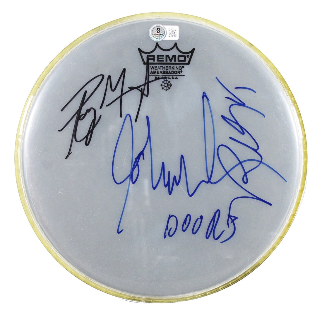 The Doors (3) Manzarek, Densmore & Krieger Signed 10 Inch Drum Head BAS #AE02871: Object Type: Drumhead,Industry: Music,Original/Reproduction: Original,Autograph Authentication: Beckett,PRODUCT_COA: Beckett,PRODUCT_SIGNED_BY_NAME: Ray Manzarek, John Densmore, and Robby Krieger,PROD