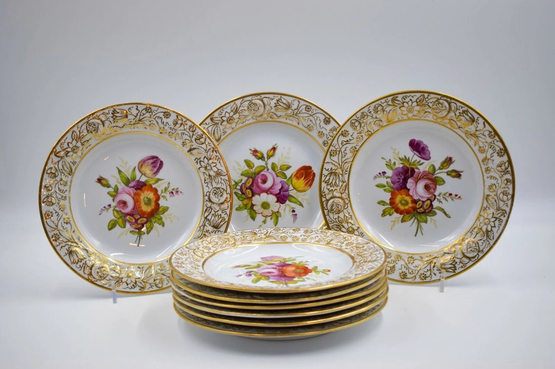9 Antique English Spode Botanical Dessert Plates, Hand Painted, Circa 1820: Measures 8" diameter by 7/8" deep.. Condition: Used: An item that has been used previously. The item may have some signs of cosmetic wear, but is fully operational and functions as intended. This item