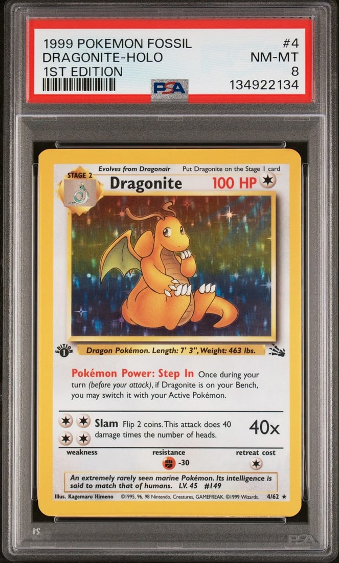 1999 Pokemon Fossil #4 Dragonite Holo 1st Edition PSA 8 NM-MT: Condition: Graded - PSA 8: Professionally graded ,Graded: Yes,Game: Pokémon,Card Name: Dragonite Holo,Character: Dragonite Holo,Set: 1999 Pokemon Fossil,Card Number: 4,Type: Collectible Card Game,Yea